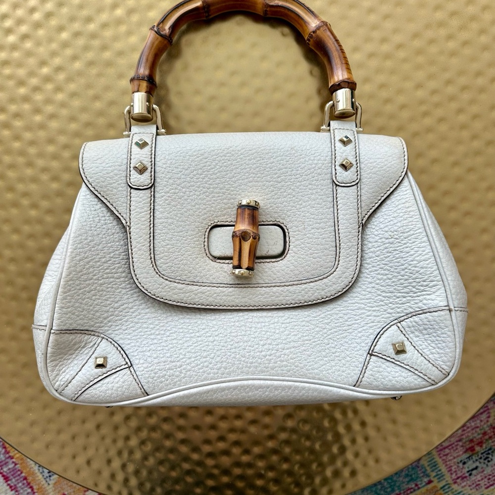 Gucci Ivory Stud Satchel with Bamboo Accent